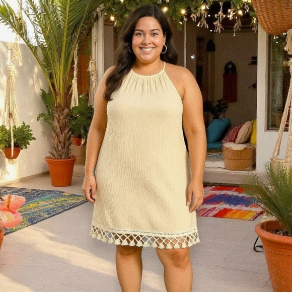 🆕Boho Chic Cream Halter Tassel Mini Dress | Relaxed Fit Plus Size Summer Dress - Picture 1 of 12
